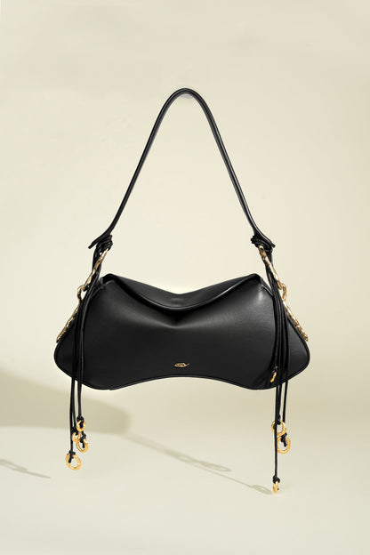  Deià handmade Nappa Leather Shoulder bag with Hanging Organic Rings senderkis Black front view